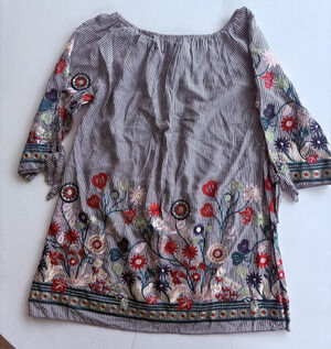 Lilypad Womens Grey Stripe Small Tunic Blouse Floral Embroidered Coastal Boho